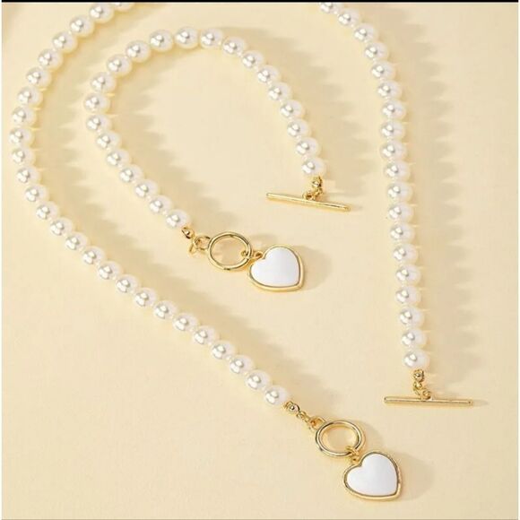 Faux Pearl Heart Toggle Necklace & Bracelet Set - Picture 3 of 3
